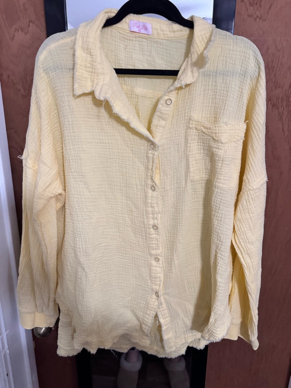 Pink Lily Pale Yellow Gauze Button-Up Shirt